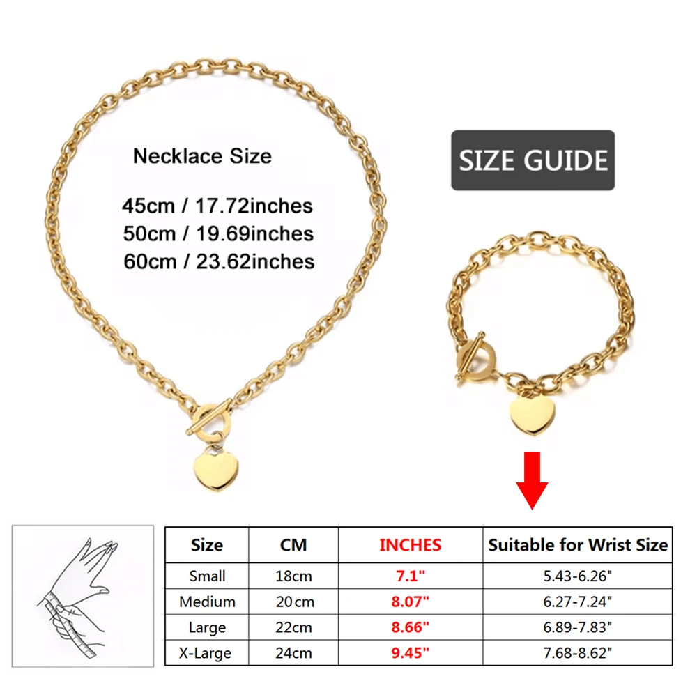 Classic Stainless Steel Chunky Chain Heart Jewelry Sets For Women Heart Toggle Bracelet Necklaces Sets Trendy Jewelry
