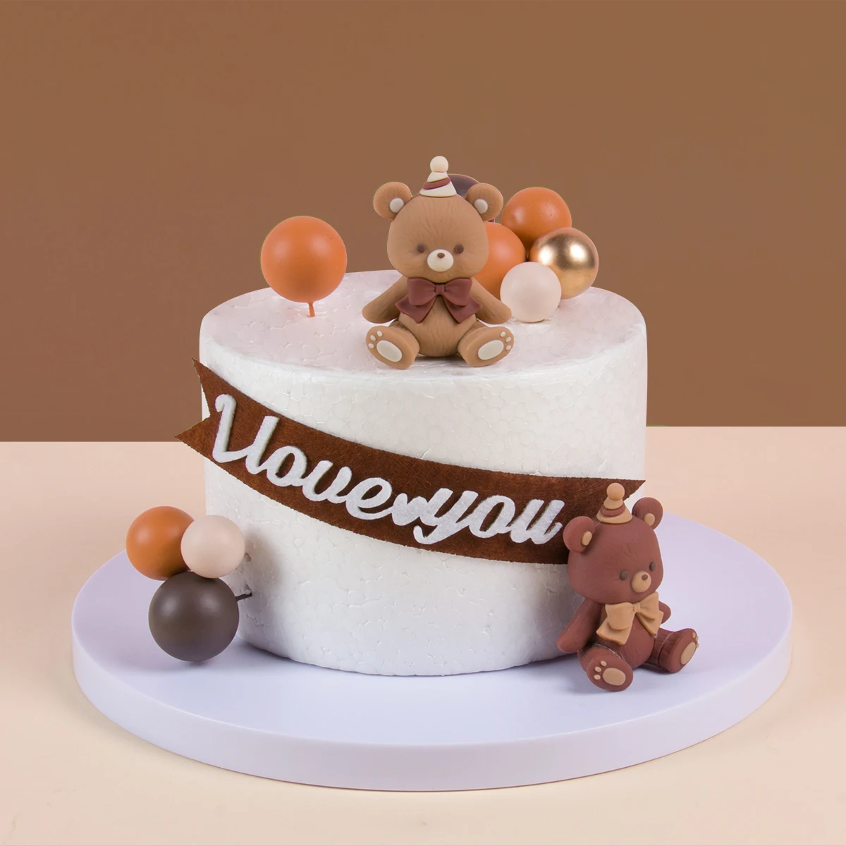 Brown Bear Gender Reveal Cake Toppers - Pink & Blue Foam Balls With Clay Bears