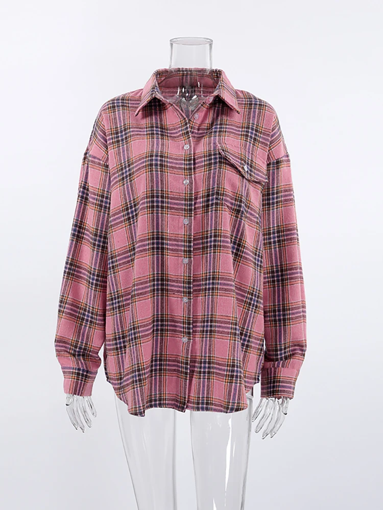 Pink Genre|women's Pink Plaid Long Sleeve Shirt - Casual