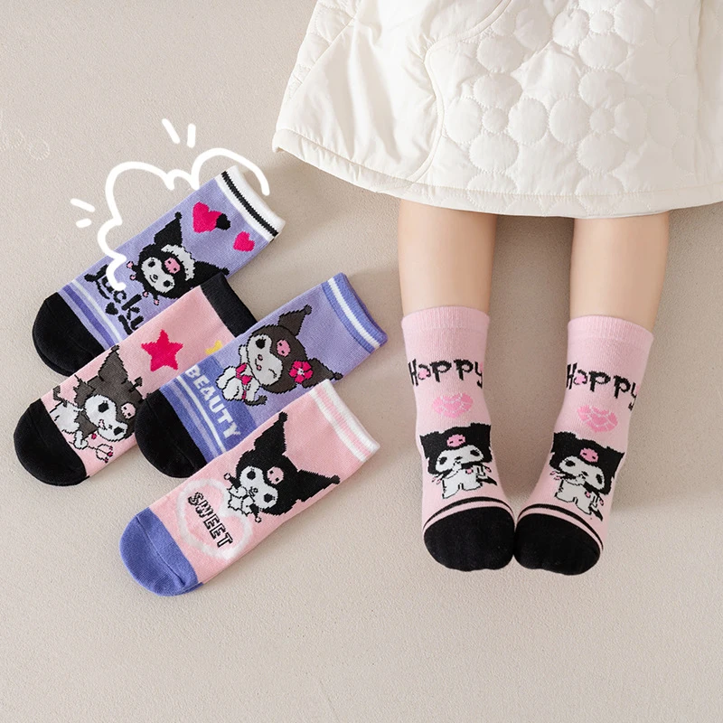 

5Pcs Anime Sanrios Kuromi Girl Mid-Calf Socks Autumn Winter Jacquard Cartoon Fashion Child Sweet Socks Absorb Sweat Breathable