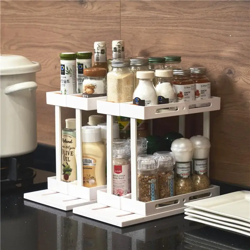 

Spice Storage Rack Kitchen Bathroom Sliding Rotating Cabinet Caddy Cupboard Organizer Multifunctional With Non Slip Base
