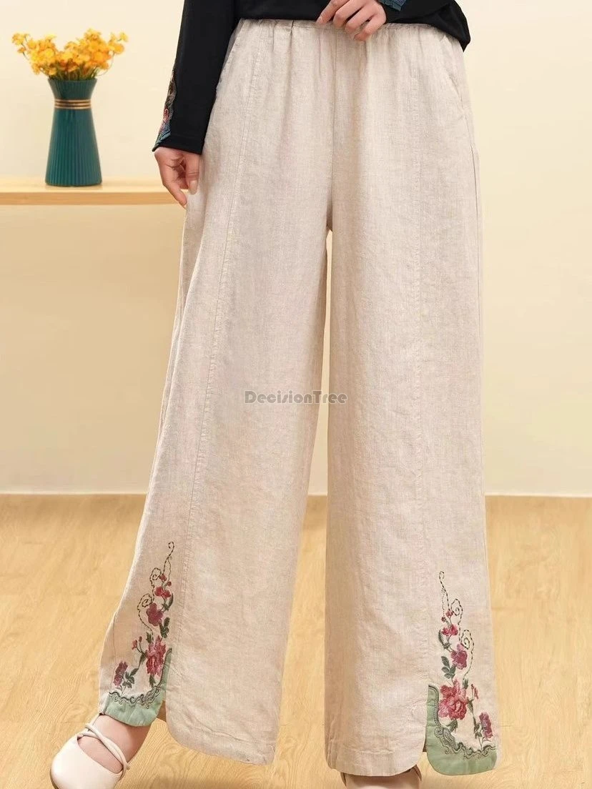 new literature art casual pants chinese ethnic style elastic waist cotton linen trousers embroidery loose wide leg britches