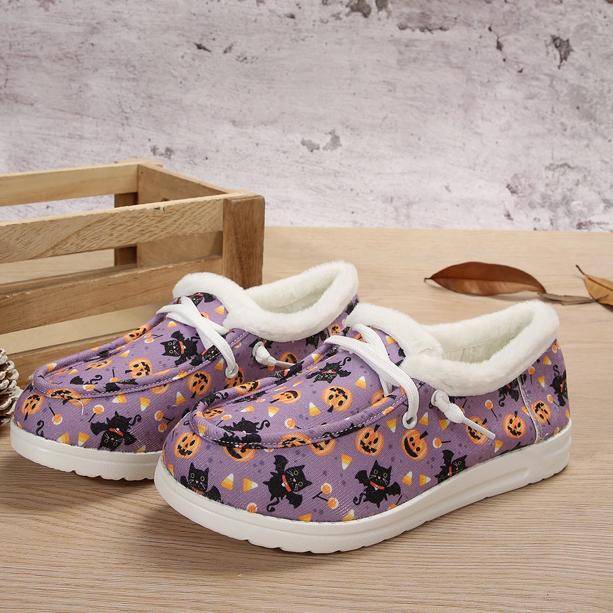 Halloween limited ladies fashion new pumpkin will fly cat print casual shoes plush shoes
