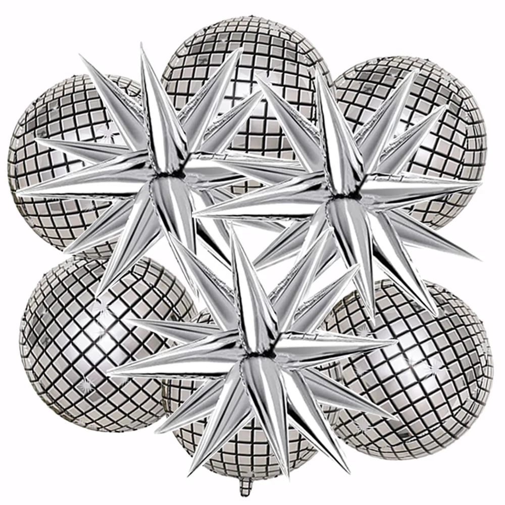 

9Pcs/Set 80s 90s 4D Disco Ball Balloons 22 Inch Silver Explosion Star Foil Mylar Balloons Birthday Disco Theme Party Decorations