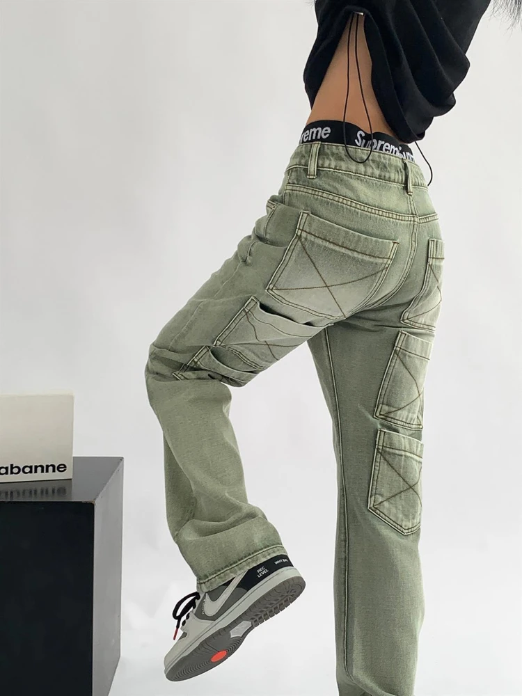 Y2K Green High Waist Jeans Vintage Washed Multiple Pockets Baggy Denim Trousers Oversize Streetwear Female Wide Leg Pants 2023