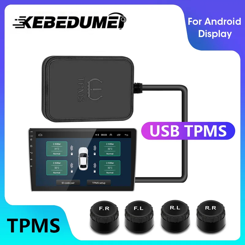 USB TPMS Car Tire Pressure Alarm Monitor System Android Navigation Player 4 Sensors 5V Wireless Transmission