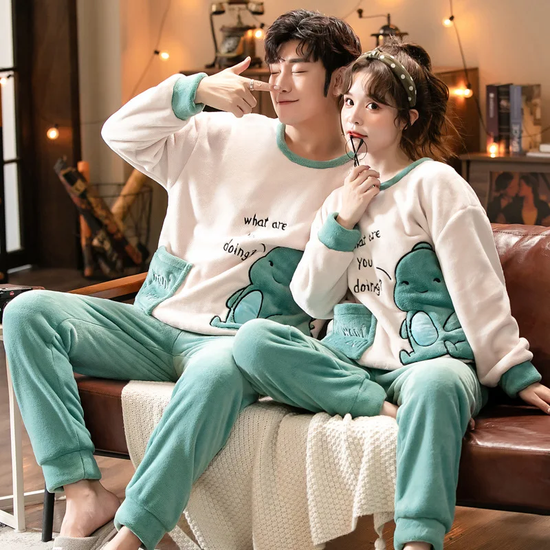 Couple Pajamas Set Winter Flannel Pyjamas Women Home Wear Nightwear 2Pcs Men's Sleepwear Cartoon Cat Pijamas Warm Clothes Suit