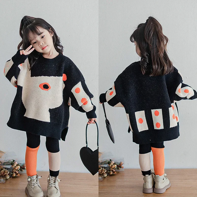 

1-10 Years Kids Knitted Cartton Sweaters for Girls Loose Patchwork O Neck Christmas Sweater Toddler Baby Pullover Sweater Coat