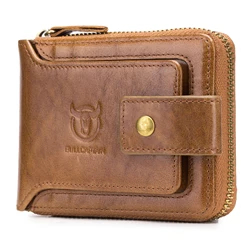 Genuine Leather Men's Wallet with Zipper - RFID Blocking, Large Capacity, Vintage Design, ID Window & Coin Pocket (Yellow Brown)