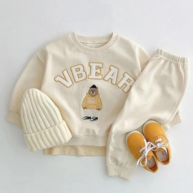 

Spring Autumn Children's Kids Sports Suit Girls Boys Cartoon Bear Letter Print Long Sleeve Sweater+Pants Fashion Two Piece Sets
