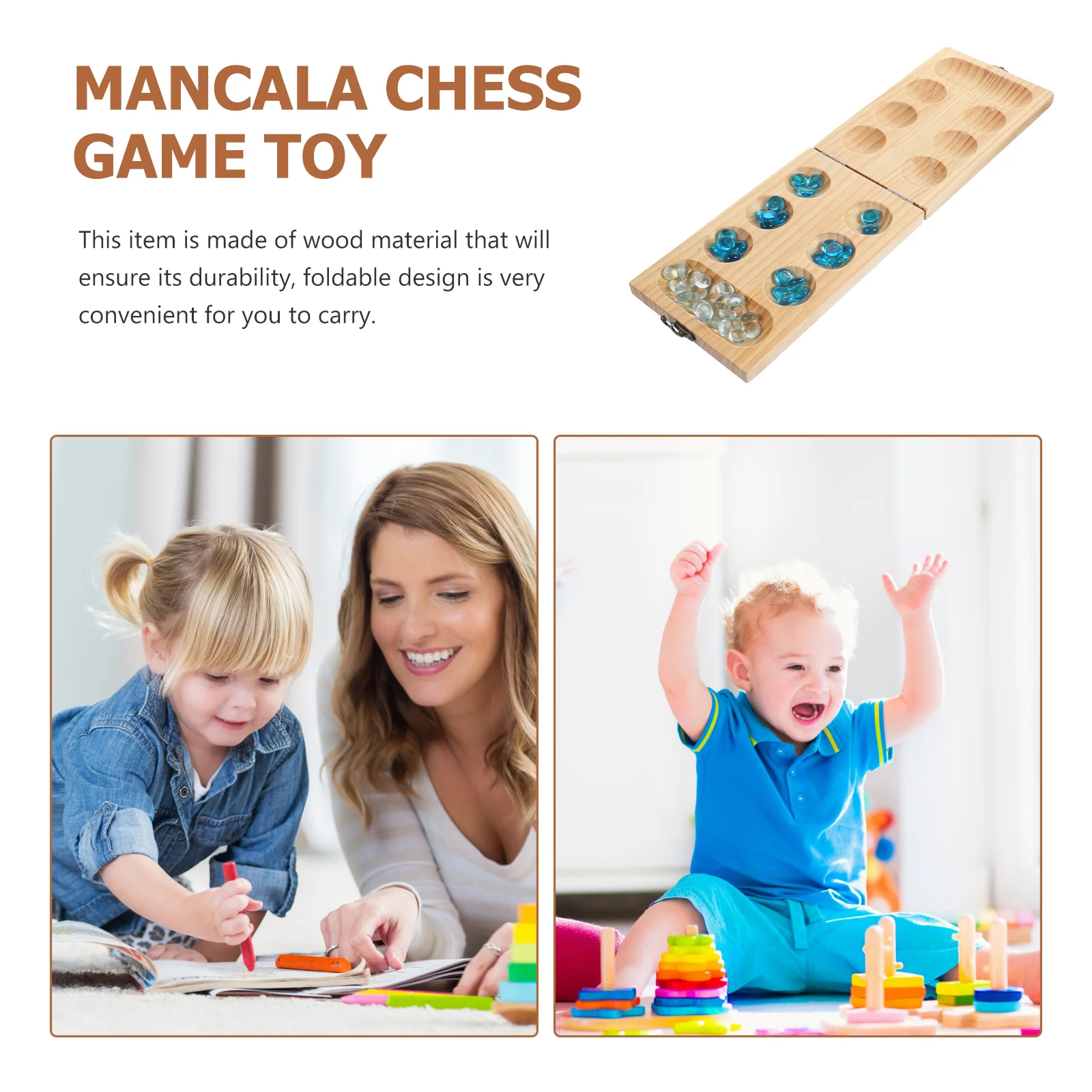 Foldable Wooden Mancala Gemstone Chess Toy 1Set