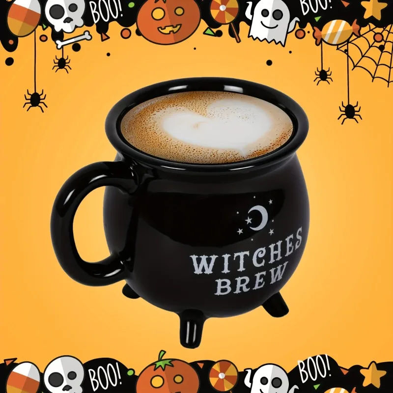 Taza Caldero De Brujas Halloween - Cerámica Negra, 300-400 Ml, Microondas Seguro, Ideal Para Decoración Y Bebidas