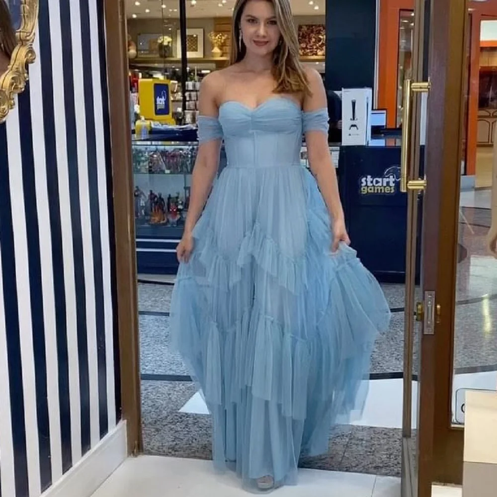 

Sevintage Dusty Blue Women Prom Dresses Tiered Tulle A Line Formal Wedding Party Dress Off The Shoulder Ruffles Evening Gowns