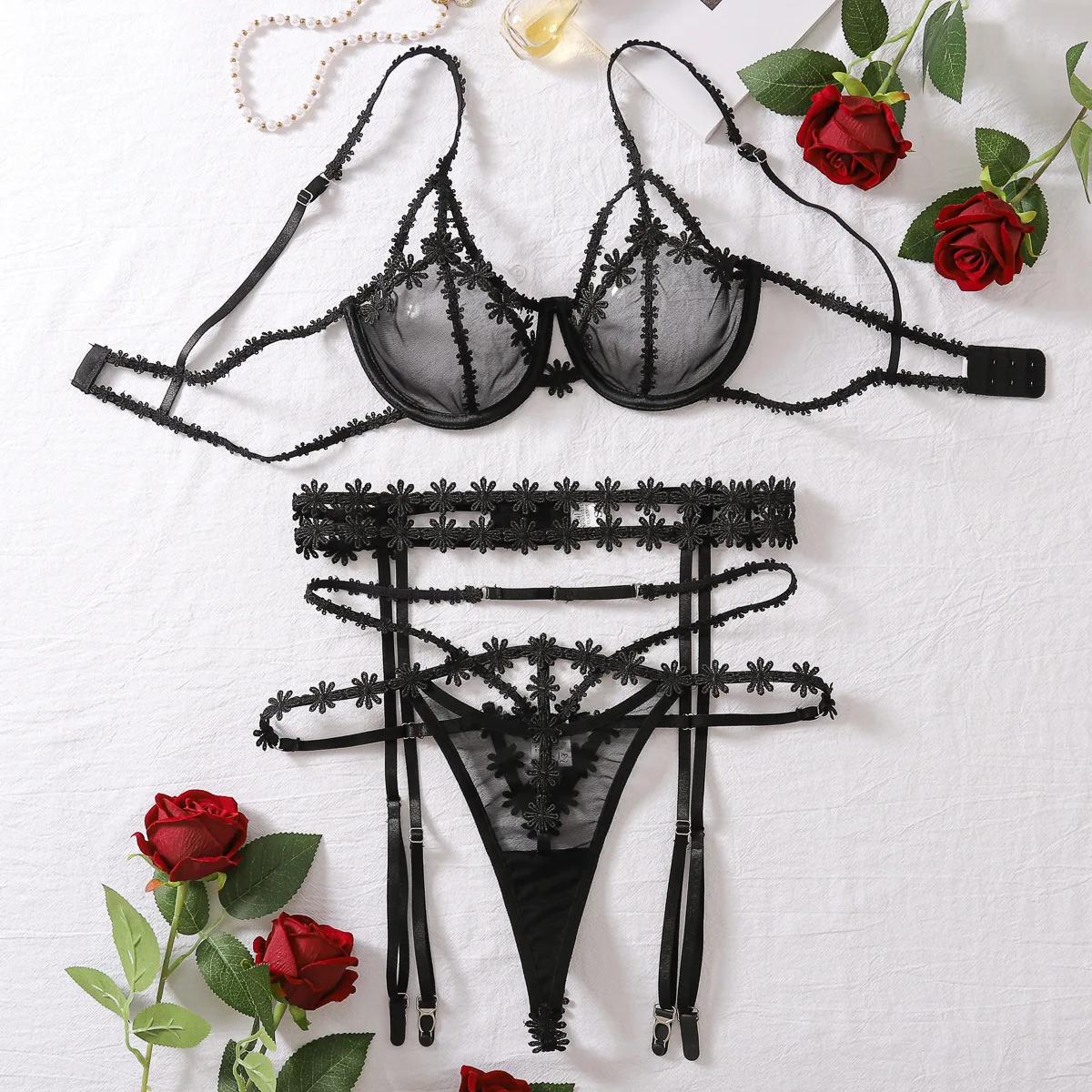 Sheer Mesh Lingerie Set  Sexy 3-Piece See-Through Underwear with Lace & Cut-Out Seductive Boudoir Lingerie Sex Outfits For Women