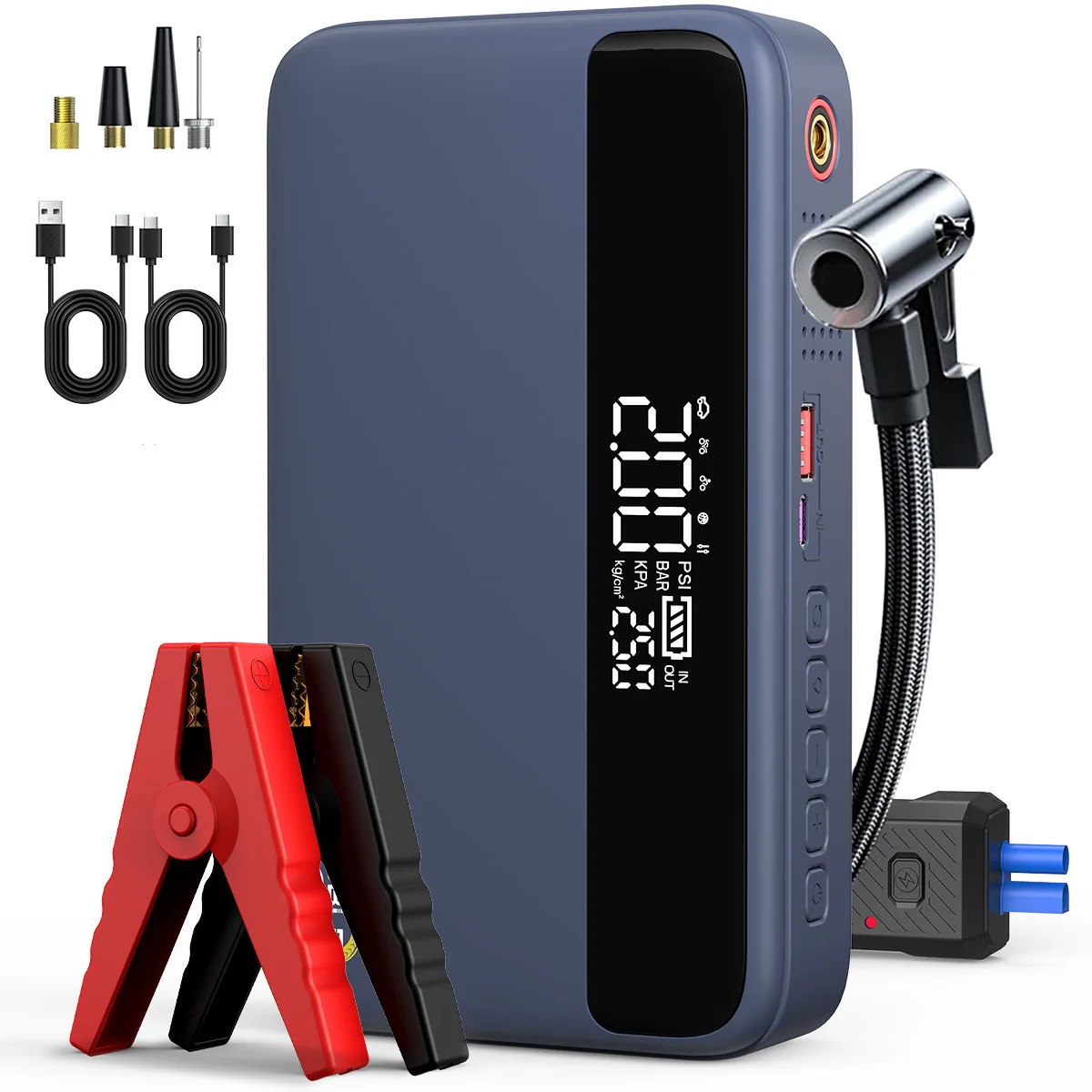 1500A peak Car Battery Jump Starter, Portable Tire Air Compressor, Heavy-Duty Car Emergency Jump Starter, 1500A Peak Current, Equipped with 150 PSI Digital Tire Inflator Pump, LED Flashlight-Sos Function, for Tire Inflation