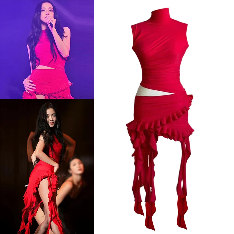 

Korean Women Group Jazz Dance Red Dress Nightclub Kpop Hip Hip Suit Female Singer Gogo Dancer Stage Costume Rave Outfits DWY8327