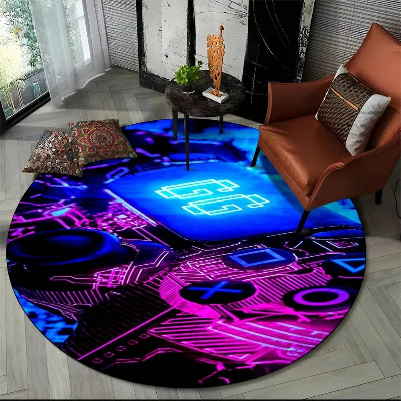 Game Controller Round Area Rug Cartoon Gamer Circle Carpet Rug Living Room Children's Bedroom Sofa Decor Non-slip Floor Mat