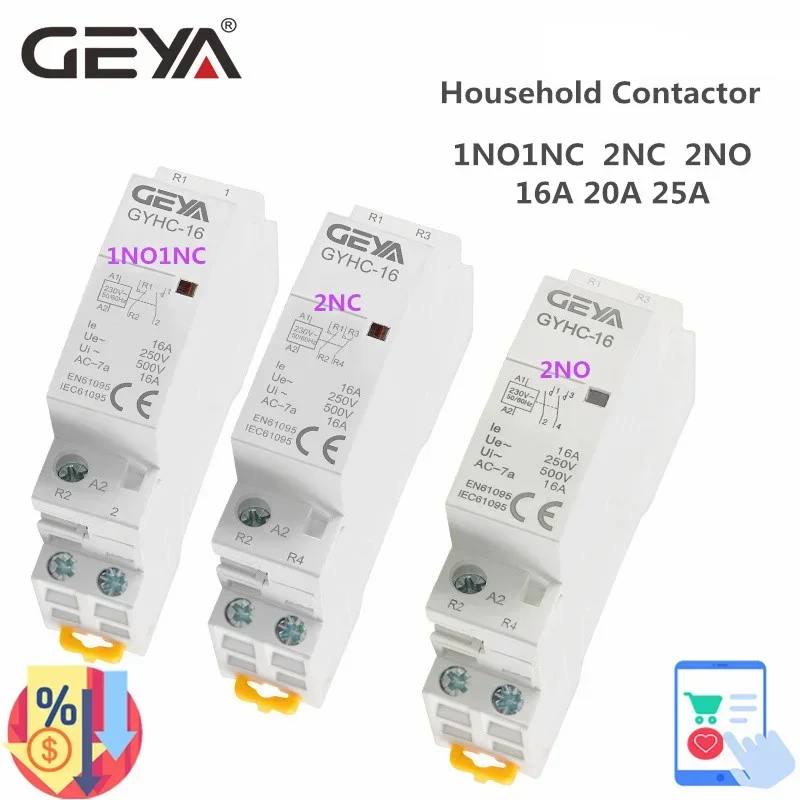Contator Modular Geya Din tipo Trilho Caseiro 2p 16a 20a 25a 2nc 2no 1no1nc 50 60hz Contator ac Automático
