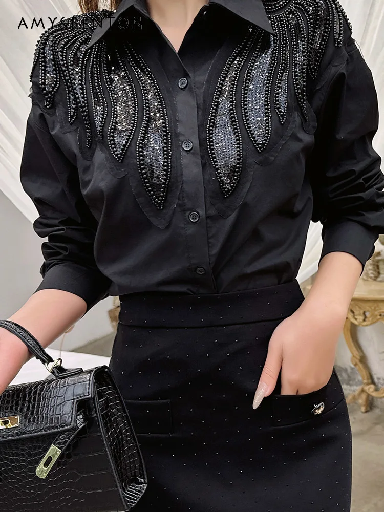 

Commute Style Heavy Industry Beads Long Sleeve Blouse Women French High-End Fashion All Match Shirt 2024 Spring and Autumn New