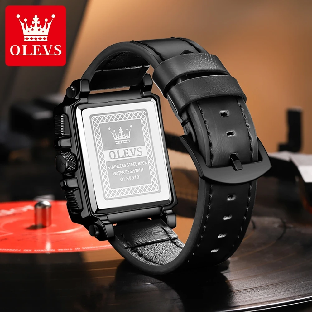 OLEVS-reloj deportivo cuadrado de cuarzo para hombre, cronógrafo con correa de cuero a la moda, luminoso, resistente al agua, con fecha