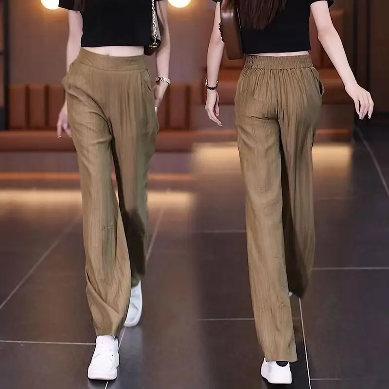 Simplicity Casual Women's Solid Elastic High Waist Trousers Fashion All-match Straight Wide Leg Pants Summer Female Clothing