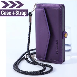 Leather Wallet Flip Phone Case - Elegant Book Style Holster Cover for Leather and Silicone (Purple - Strap)