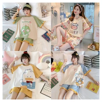 Summer Gilrs Two Pieces Sets Pajamas Shorts O-neck Short Sleeve Thin Homewear With Ruffles Loose Cartoon Printing Big Size Cute 1