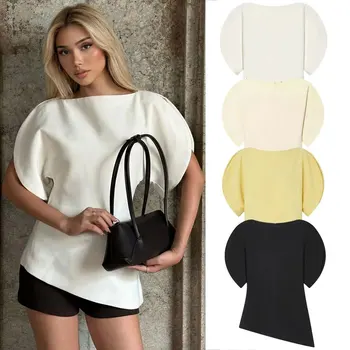 HH Women Casual Loose T-Shirts Asymmetrical Hem Blouse Short Puff Sleeve Shirt Elegant Woman Summer Party Vacation White Tops 1