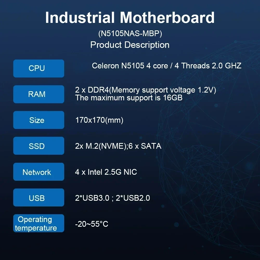 Celeron N5105 Industrial Motherboard NAS 4 Cores 4 Threads Low Power Processor 4x2.5G i225 Network M.2 Slot 6xSATA DP HD 2