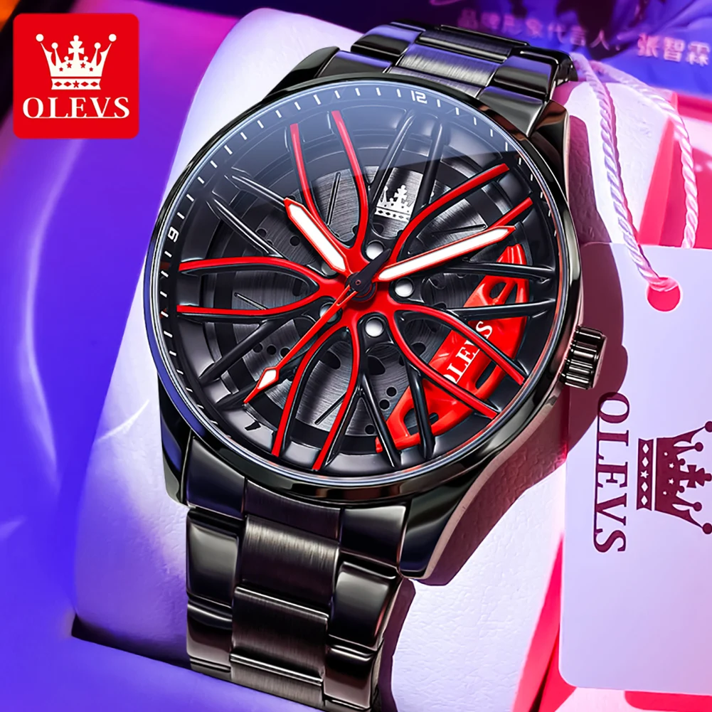 OLEVS Luxury Wheel Men's Watch Waterproof Rotary Sport Car Rim Man Quartz Watch High Quality Fashion Best Selling Luminous Watch 2
