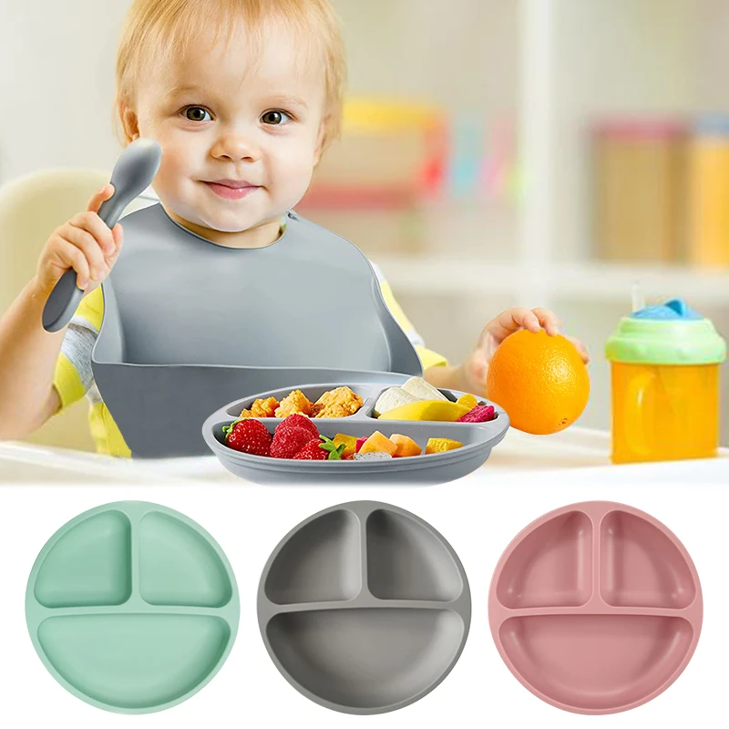 Assiette à manger en silicone pour bébé, 3 pièces/ensemble, avec