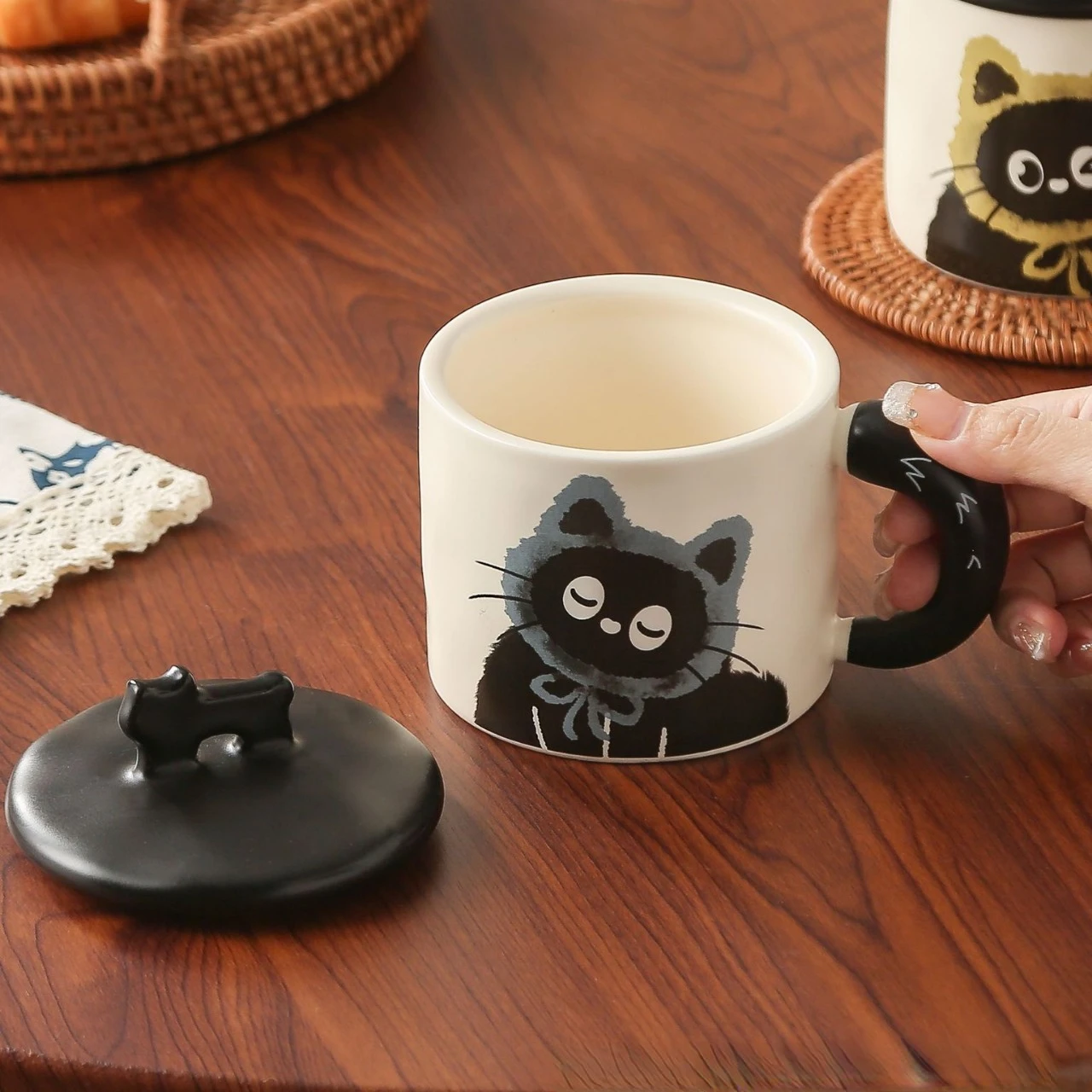 Couple Ceramic Water Cup Creative personality cat mug with lid cute ceramic coffee cup drinking water cup souvenir