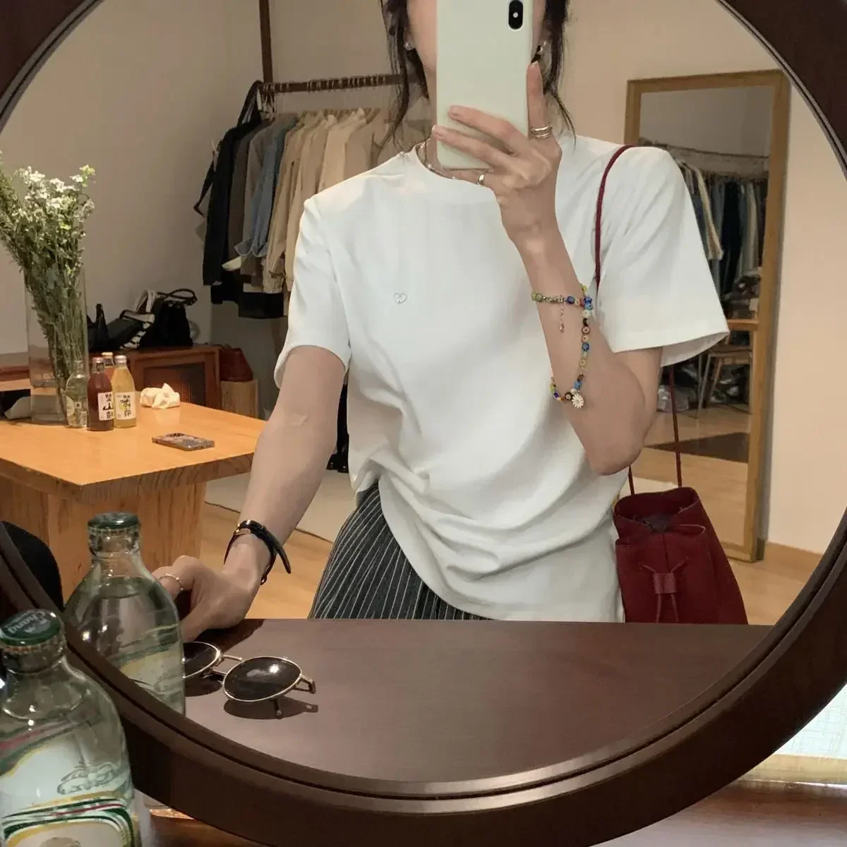 ZZ103 2024 Love Buckle Cotton Short-sleeved T-shirt Women's Summer New Loose Round Neck Design Versatile Front Shoulder Top 6