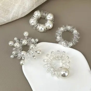 Linea telefonica in TPU Corda per capelli Scrunchies stile coreano Anello per capelli trasparente Elastico per capelli Elastico Porta coda di cavallo con perle