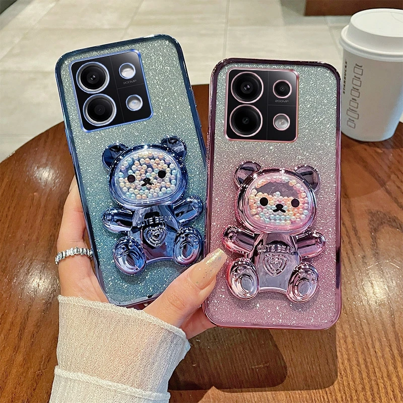 Note13 Glitter Bright Plating Bear Holder Case On For Xiaomi Redmi Note 13 Pro 4g 5g 13pro Plus 12 12s 13c Silicone Stand Cover_voghion.com