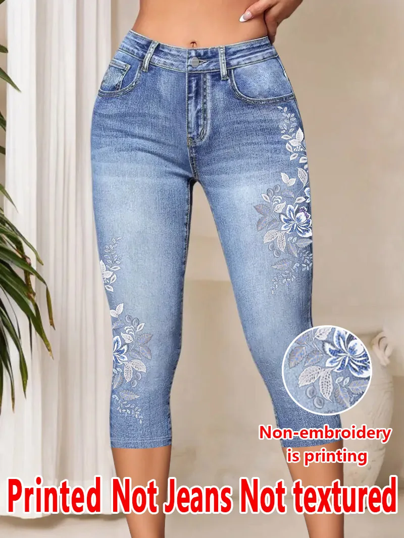 1343 Ladies' Three-Quarter Leggings with Floral Print, Form-Fitting Pants 1