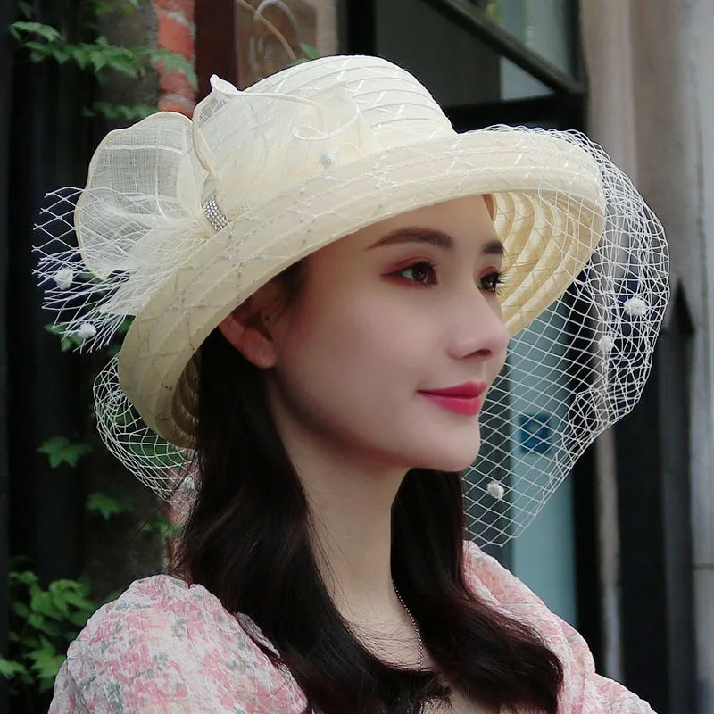 Spring/Summer Mesh Face Covering Sunshade Hat Elegant and Fashionable Curled Edge Travel Sunscreen Breathable Sun Hat