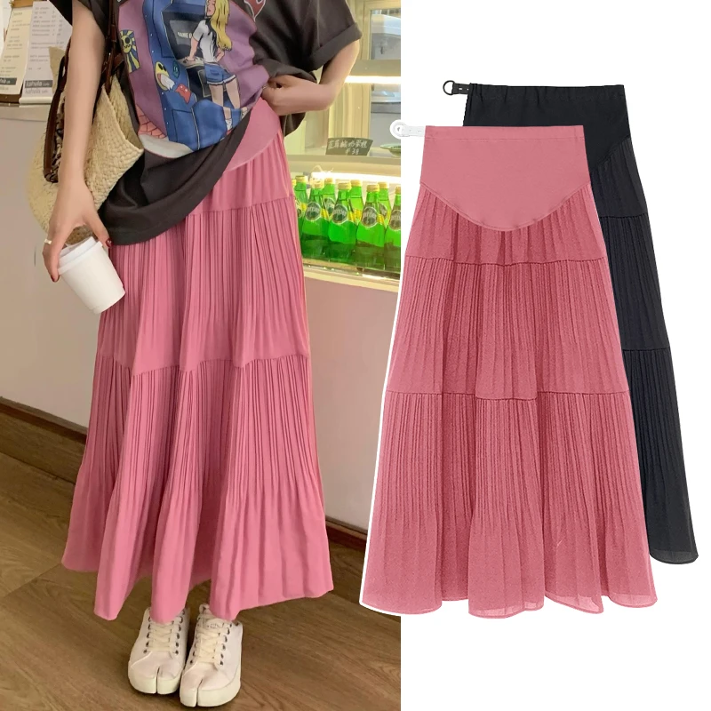 1142# Summer Fashion Ruching Patchwork Maternity Long Skirts Belly A Line Loose Clothes for Pregnant Women