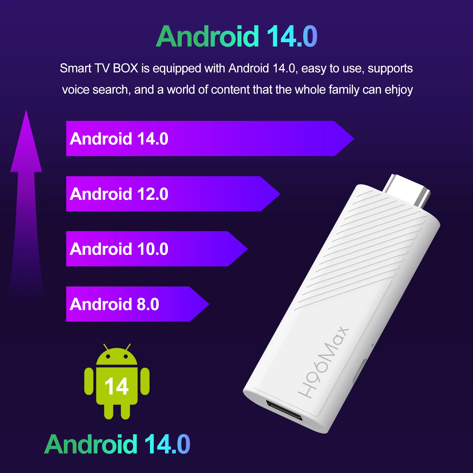 H96 Max H313 TV Stick Android 14.0 Support 4K Wifi6 BT5.0 Quad Core ARM Cortex A