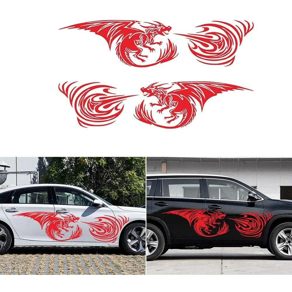 

GreceYou Car Decals - 2Pcs Universal Car Side Body Vinyl Decal Sticker Dragon and Fire Graphics Decals Waterproof DIY Car Decora