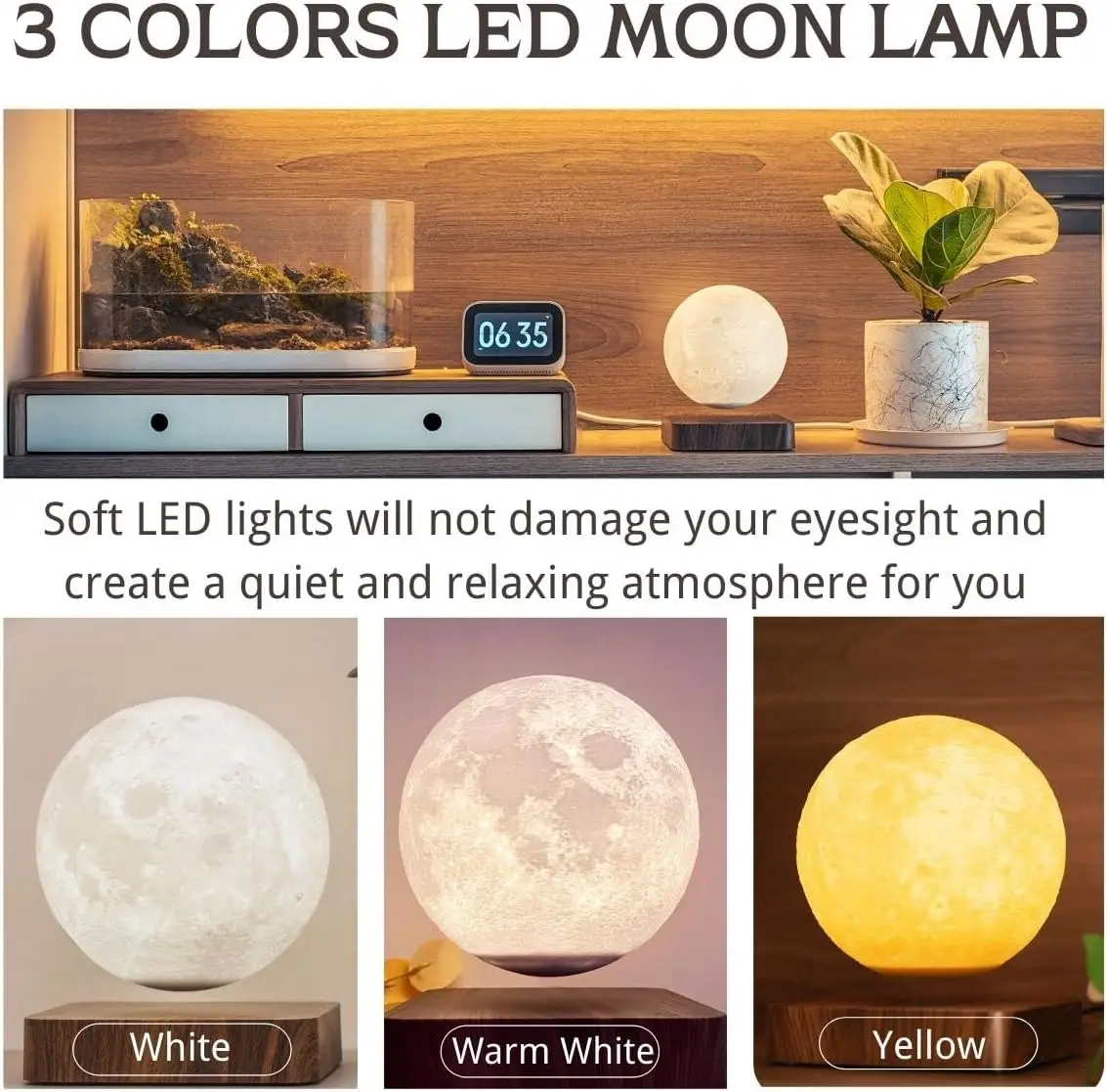 Levitating Moon Lamp, Magnetic Floating Moon Lamp Spinning Luna Night Light with 3 Color Modes, for Home Office Desk Decor, 3