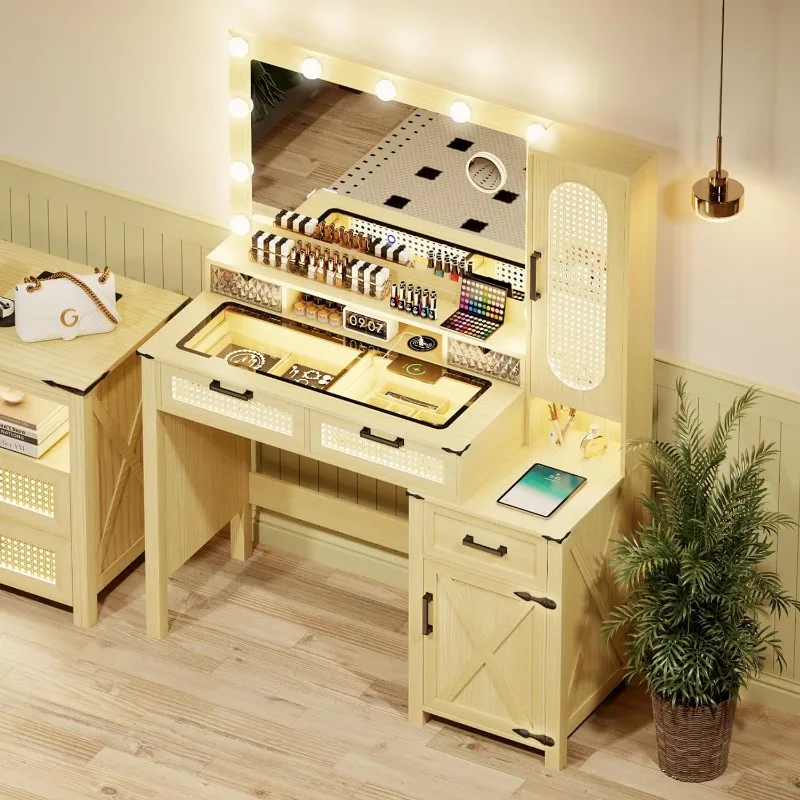 

Rattan Makeup Vanity with Mirror and Lights,Vanity Desk with Glass Top Design & Charging Station, Wood Vanity Set