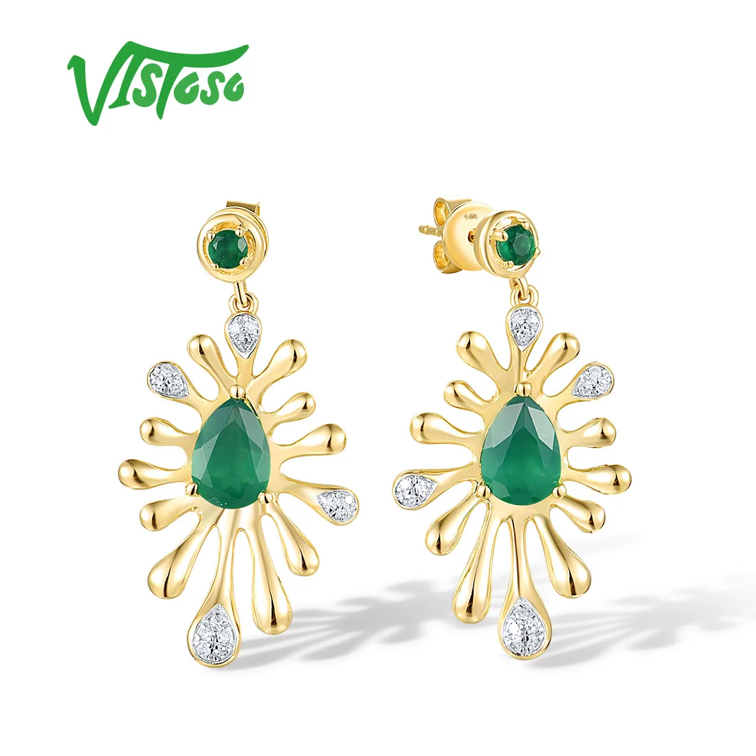 

VISTOSO 14K 585 Yellow Gold Stud Earrings For Women Sparkling Real Diamond Dyed Green Agate Water Drop Fine Delicate Jewelry