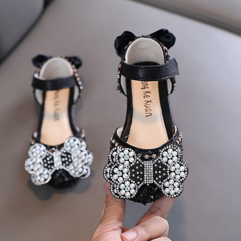 

Princess Shoes Girls Sandals 2023 New Baby Bow Rhinestones Pearl Sequins Children's Sandals Dance Performance Shoes H103
