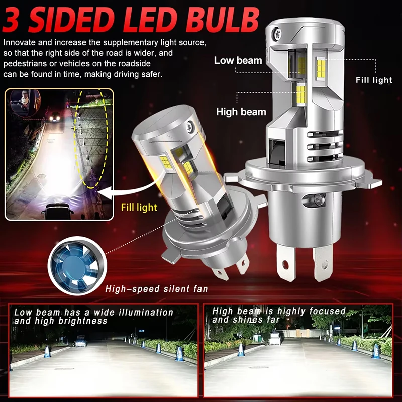 H4 Bi LED 강력 조명 CANBUS 7300W 상/하향등 자동차 헤드라이트 전구 자동차/오토바이 터보 LED 램프 12V 6000K 밝은 안개등
