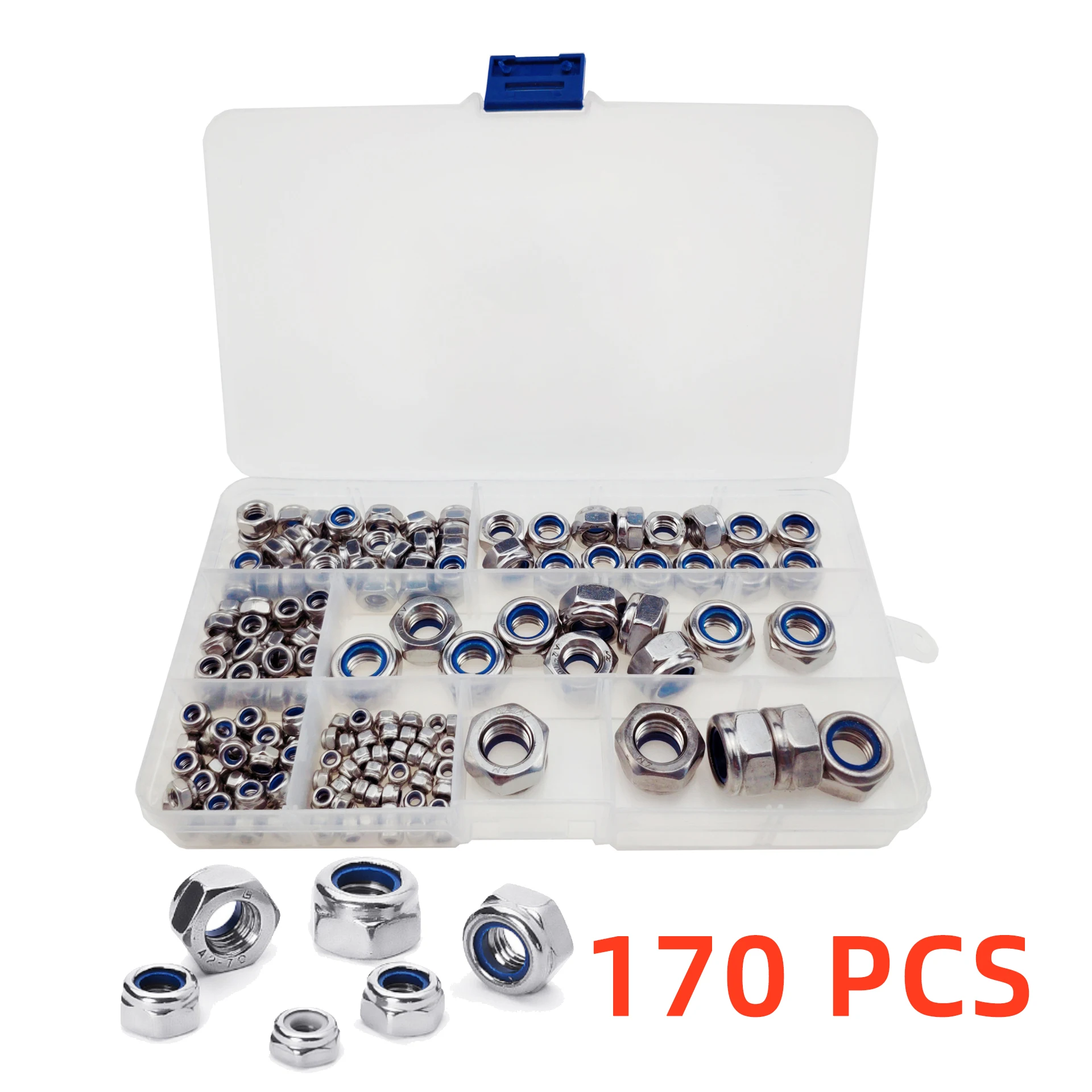 170PCS M3 M4 M5 M6 M8 M10 M12 304 Stainless Steel Hexagon Nylon Lock Nuts Set Furniture Bolts Kit