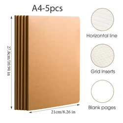 Set of 5 Elegant Notebooks - Kraft and Black Covers, 36 Sheets/72 Pages Each, Perfect for Office and Study Notes (5pcs A4 Kraft)