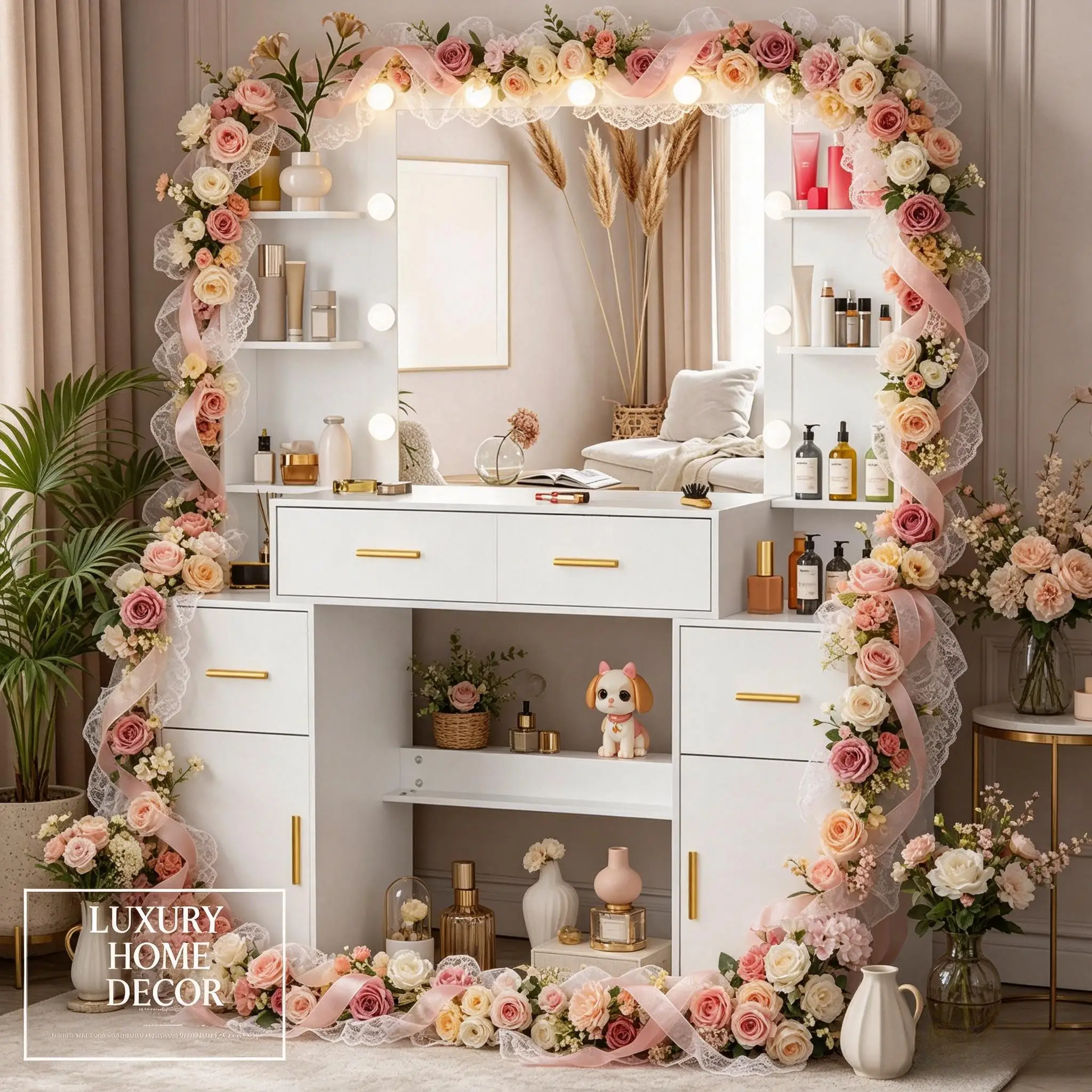 Modern White Dressing Table, Large Mirror Vanity Dresser, 4 Storage Drawers Organizer Bedroom Desk