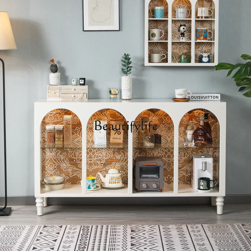 

Simple Retro White Hallway Sideboard Cabinet Light Luxury French Transparent Glass Display Entrance Cabinet