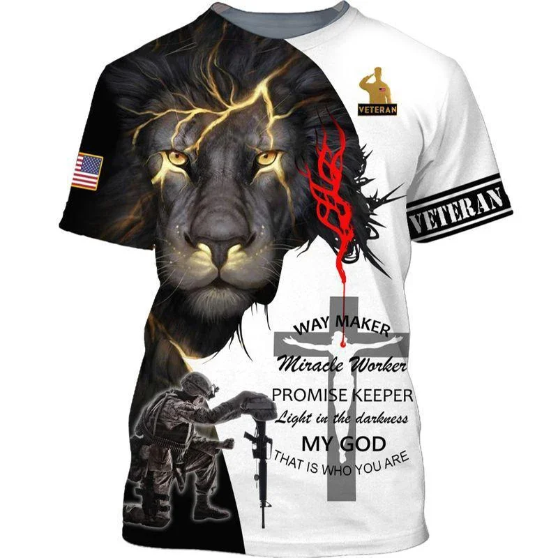Jesus Cross Lion 3D Printed T-shirt Crusader Templar Men\'s Fashion Crew Neck Short Sleeve Handsome Personality Casual Daily Top